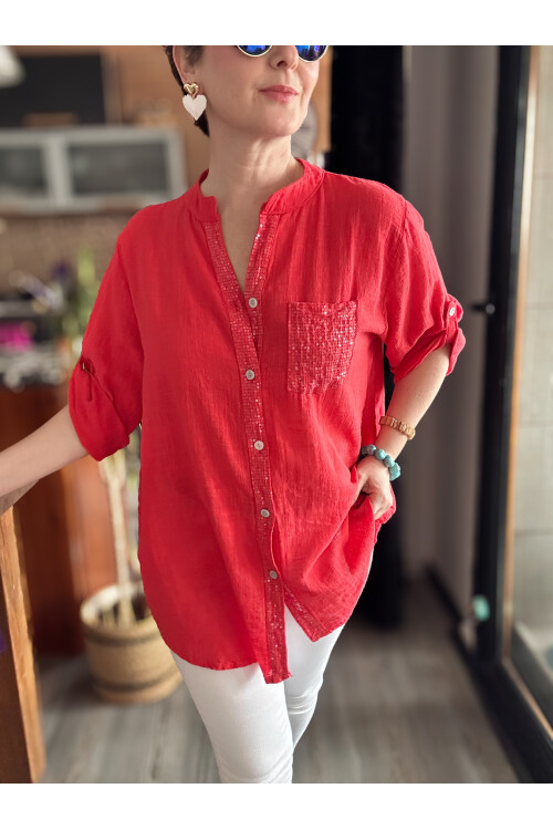 Venti Cep ve Şerit Pul Detay İtalyan Gömlek Nar Çiçeği