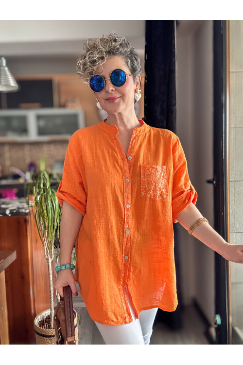 Venti Cep ve Şerit Pul Detay İtalyan Gömlek Orange