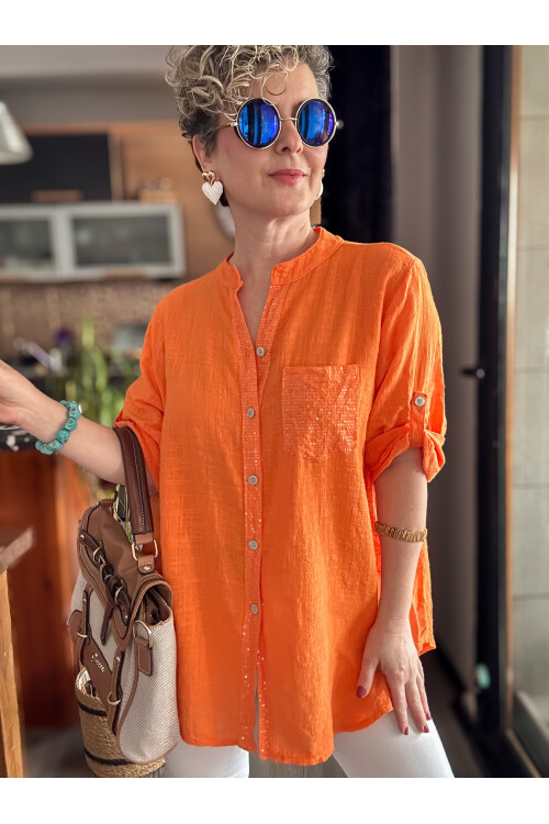 Venti Cep ve Şerit Pul Detay İtalyan Gömlek Orange