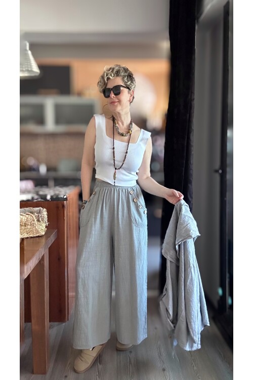 Zizzi Cep Düğme Detay Pantolon Açık Gri