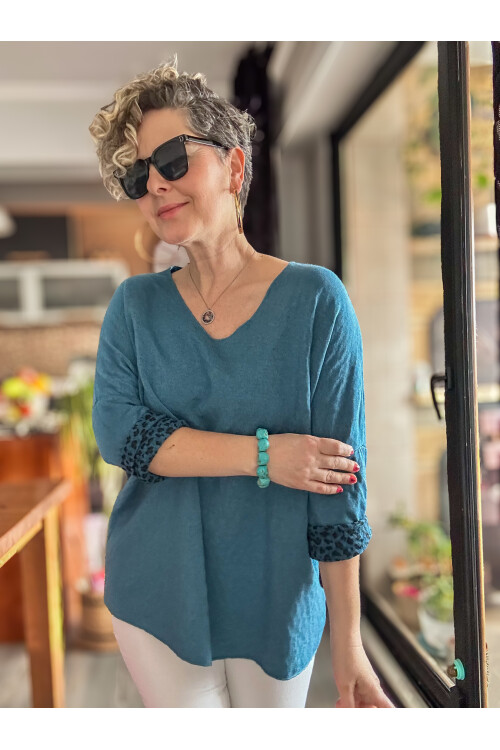 Zuppa İtalyan Leopar Desen Triko Petrol Mavi