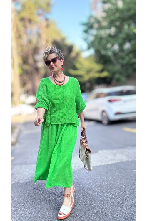 Abitare İtalyan Fisto File Detay Vip Elbise Neon Yeşil