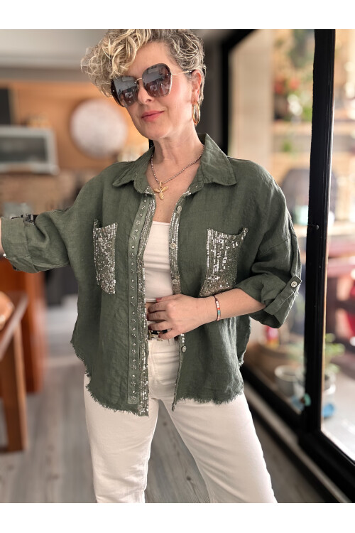 Afro  İtalyan Vip Pul Payet Detay Gömlek Ceket Haki