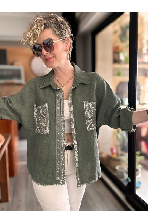 Afro  İtalyan Vip Pul Payet Detay Gömlek Ceket Haki