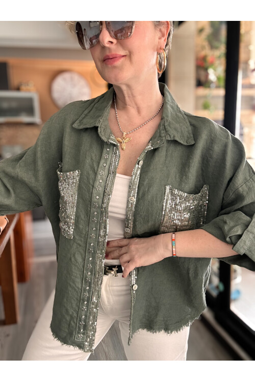 Afro  İtalyan Vip Pul Payet Detay Gömlek Ceket Haki