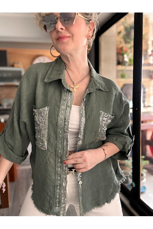 Afro  İtalyan Vip Pul Payet Detay Gömlek Ceket Haki