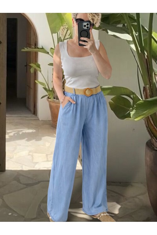 Amalfi Hasır Kemer Detay Palazzo  İndigo Tencel Pantolon