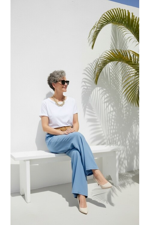 Amalfi Hasır Kemer Detay Palazzo  İndigo Tencel Pantolon