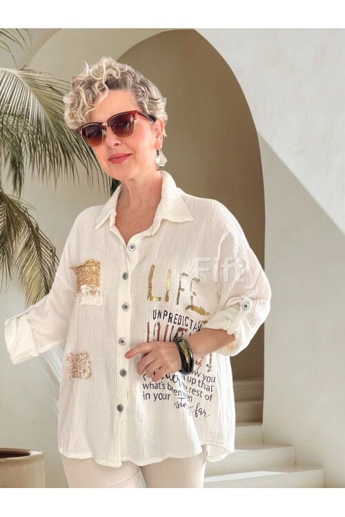 Anci İtalyan Pul Detaylı Gömlek Beyaz
