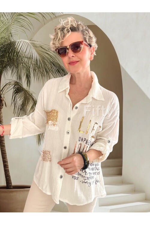 Anci İtalyan Pul Detaylı Gömlek Beyaz