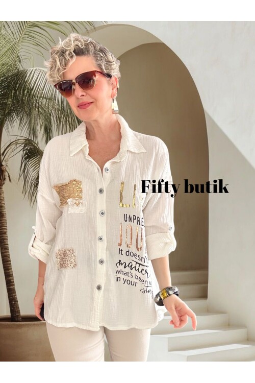 Anci İtalyan Pul Detaylı Gömlek Beyaz