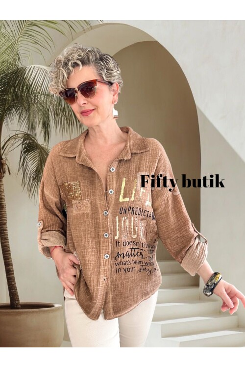 Anci İtalyan Pul Detaylı Gömlek Camel