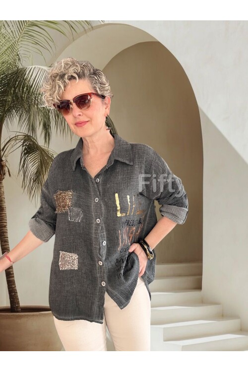 Anci İtalyan Pul Detaylı Gömlek Füme