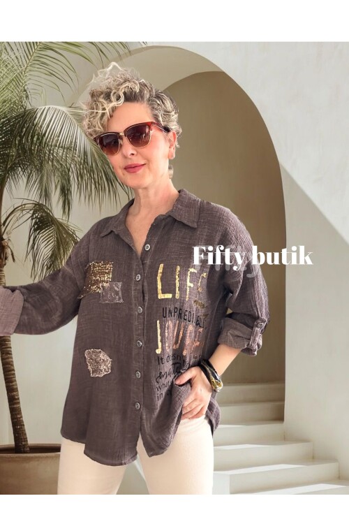 Anci İtalyan Pul Detaylı Gömlek Kahverengi