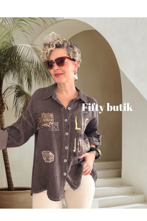 Anci İtalyan Pul Detaylı Gömlek Kahverengi