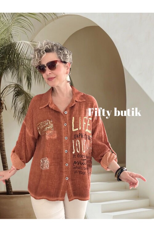 Anci İtalyan Pul Detaylı Gömlek Kiremit