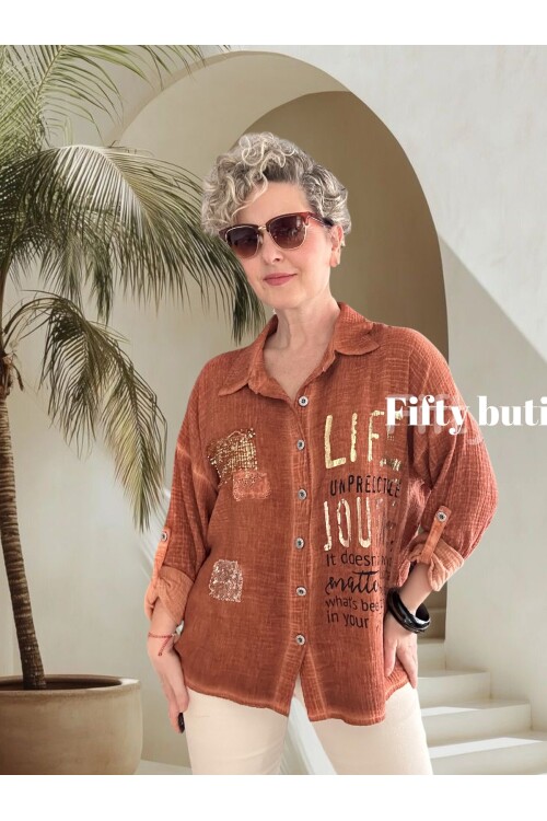 Anci İtalyan Pul Detaylı Gömlek Kiremit