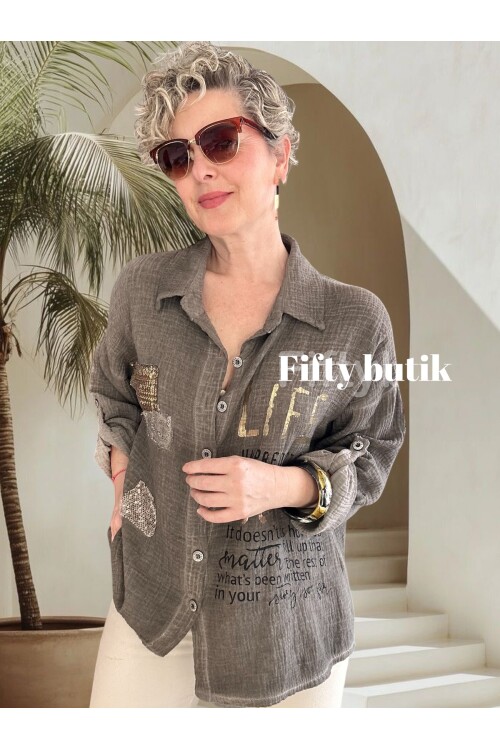 Anci İtalyan Pul Detaylı Gömlek Vizon