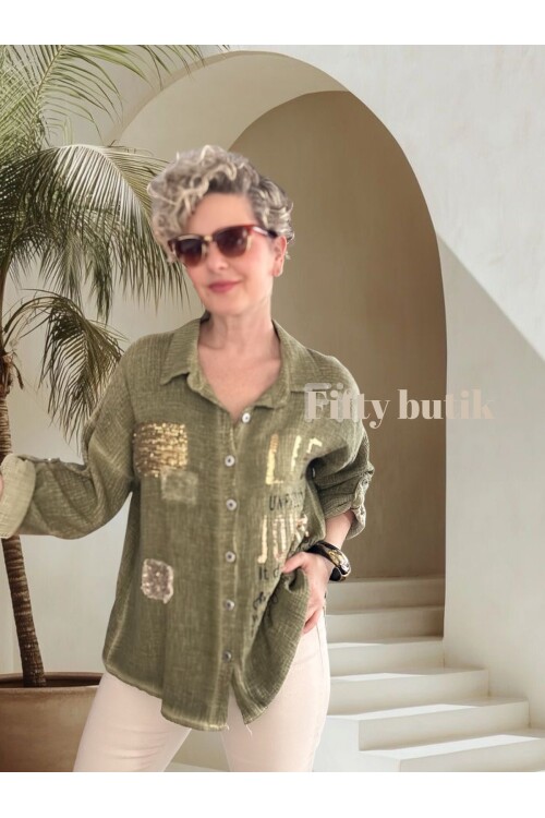 Anci İtalyan Pul Detaylı Gömlek YağYeşil