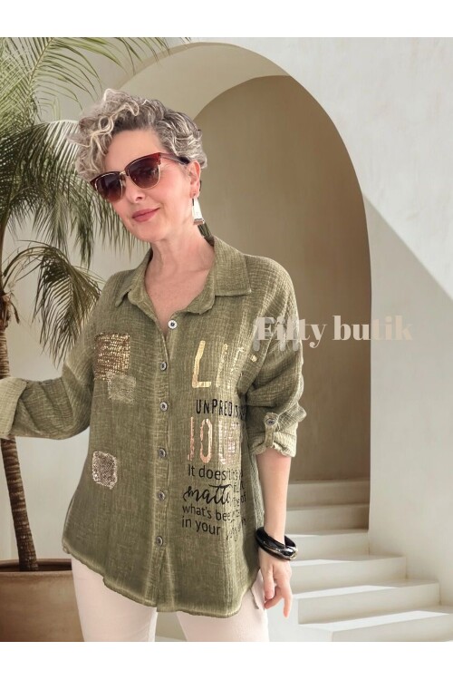 Anci İtalyan Pul Detaylı Gömlek YağYeşil