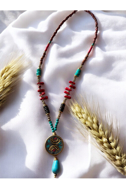 Asuw Doğal Taş Pirinç Cam Etnik Kolye