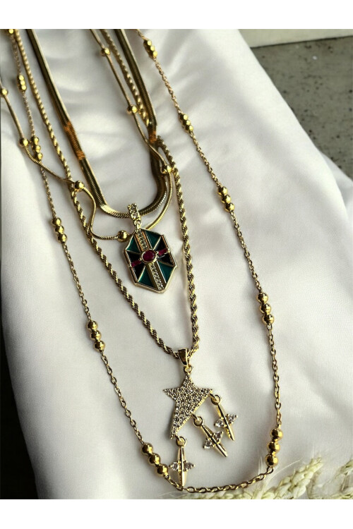 Awsa Çelik Gold Çoklu Kolye