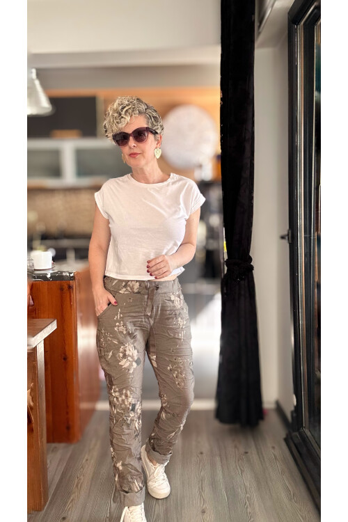 Benji İtalyan Çiçek Desen Sihirli Pantolon Vizon