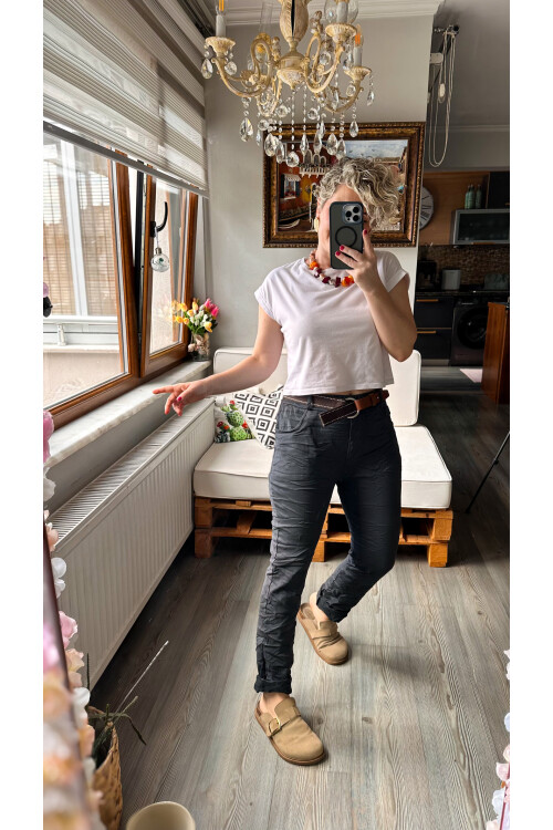 Bisso İtalyan Detay Kemerli Sihirli Pantolon Antrasit