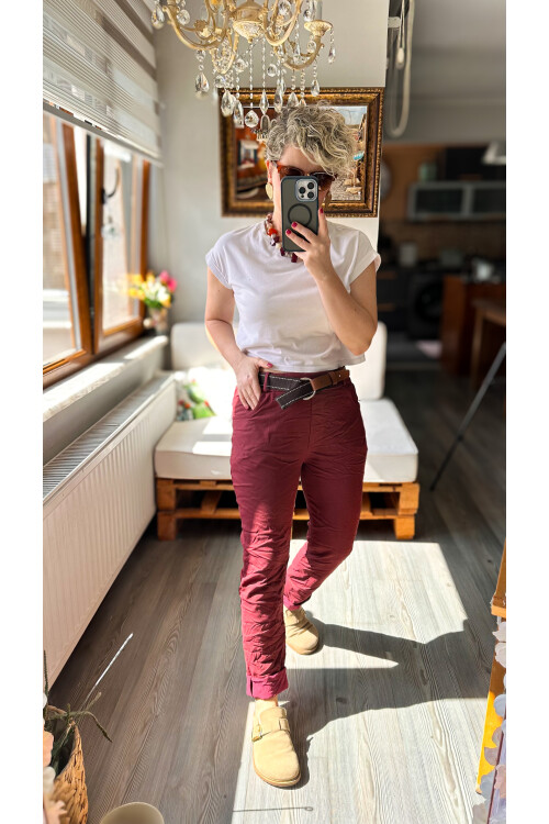 Bisso İtalyan Detay Kemerli Sihirli Pantolon Bordo