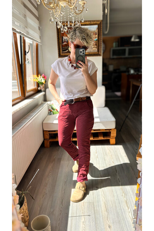 Bisso İtalyan Detay Kemerli Sihirli Pantolon Bordo