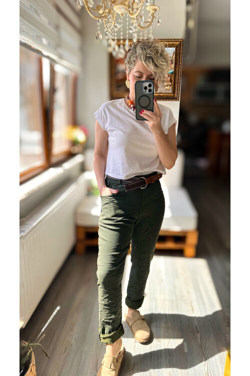 Bisso İtalyan Detay Kemerli Sihirli Pantolon Haki