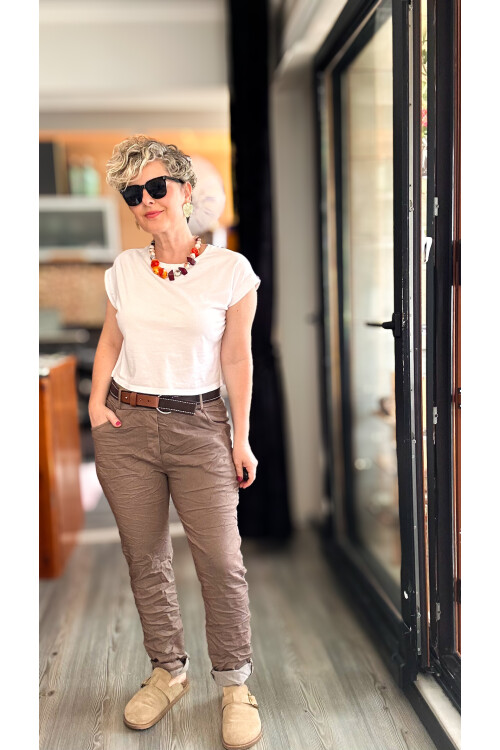 Bisso İtalyan Detay Kemerli Sihirli Pantolon Vizon