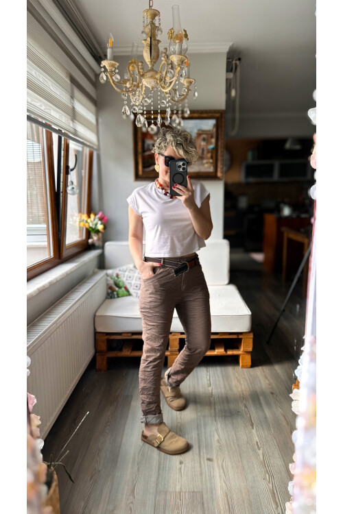 Bisso İtalyan Detay Kemerli Sihirli Pantolon Vizon