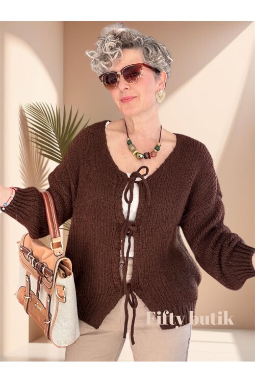 Blum Tasarım Bağcıklı Yün Hırka Kahverengi