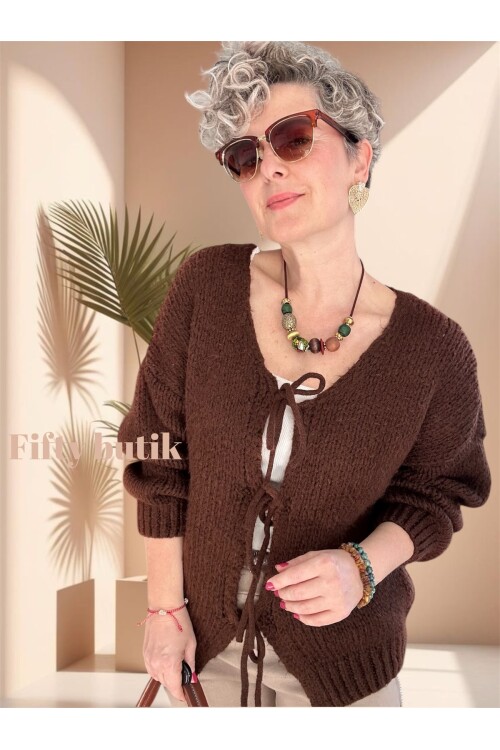 Blum Tasarım Bağcıklı Yün Hırka Kahverengi