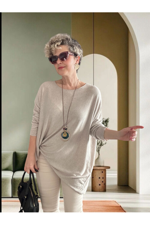 Botte İthal Kolyeli Salaş Triko Bluz Beige