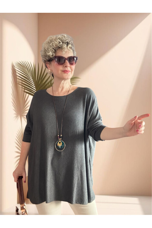 Botte İthal Kolyeli Salaş Triko Bluz Dark Grey