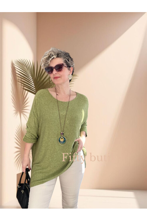 Botte İthal Kolyeli Salaş Triko Bluz Fıstık Yeşil