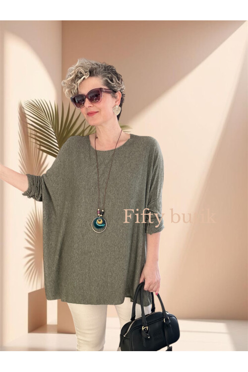 Botte İthal Kolyeli Salaş Triko Bluz Haki Yeşil
