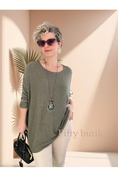 Botte İthal Kolyeli Salaş Triko Bluz Haki Yeşil