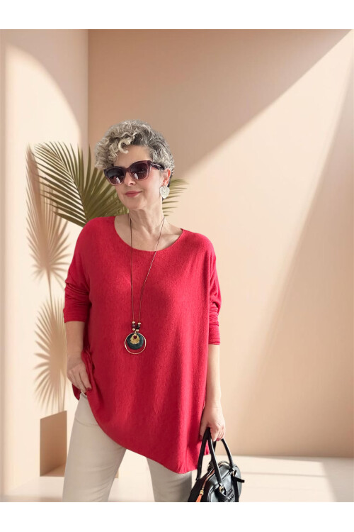 Botte İthal Kolyeli Salaş Triko Bluz Nar Çiçeği