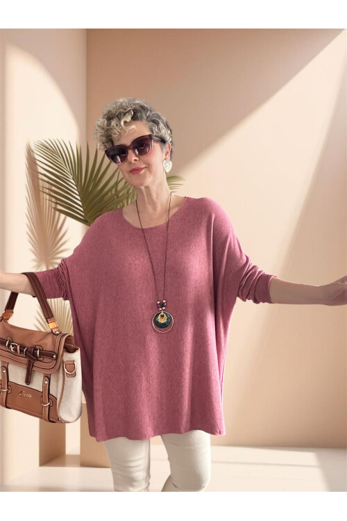 Botte İthal Kolyeli Salaş Triko Bluz Pudra