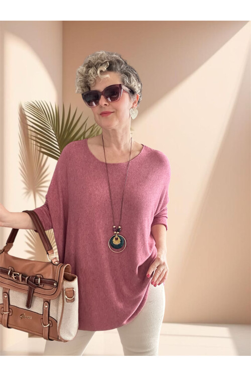 Botte İthal Kolyeli Salaş Triko Bluz Pudra