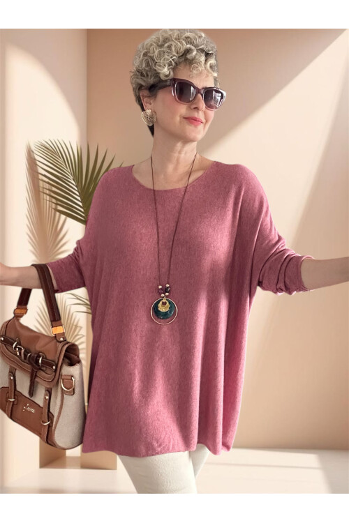 Botte İthal Kolyeli Salaş Triko Bluz Pudra