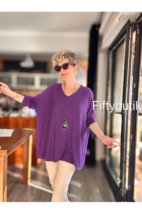 Botte İthal Kolyeli Salaş Triko Bluz Purple