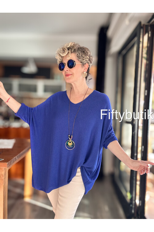 Botte İthal Kolyeli Salaş Triko Bluz Saks Mavi