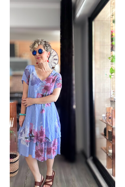 Cello İtalyan Zambak Desenli Elbise Açık İndigo