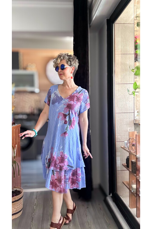 Cello İtalyan Zambak Desenli Elbise Açık İndigo