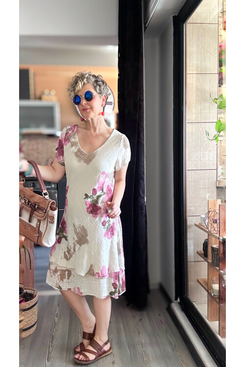 Cello İtalyan Zambak Desenli Elbise Beige