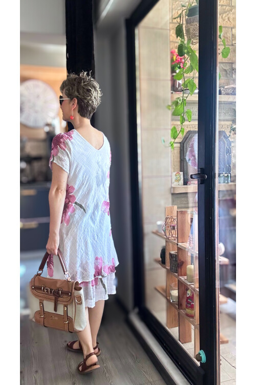 Cello İtalyan Zambak Desenli Elbise Beyaz